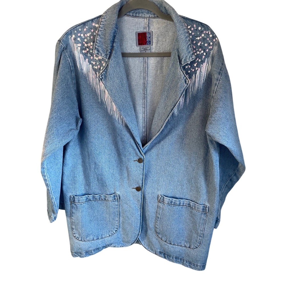 Vtg 80's Women's Sun Belt Denim oversized Cocoon Jacket Embellished Sequin Small